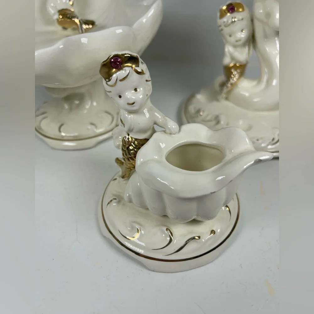 Vintage Napco Princess mermaid all ceramic 3 piece bathroom set Mid century RARE